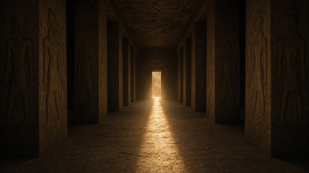 Abu Simbel Tapınakları: II. Ramses’in Kayaya Oyduğu Anıtlar ve Büyük Taşınma 1 Abu Simbel Büyük Tapınağı’nın iç salonuna gün doğumunda uzanan ince güneş ışığı, temsili görsel