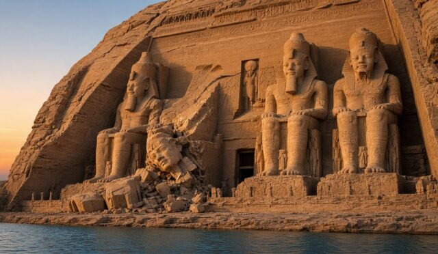 Abu Simbel Büyük Tapınağı’nın dört dev oturan heykelli kaya cephesi gün doğumunda, temsili görsel