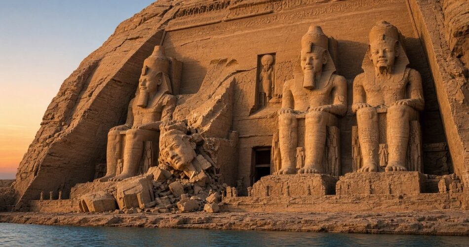 Abu Simbel Büyük Tapınağı’nın dört dev oturan heykelli kaya cephesi gün doğumunda, temsili görsel