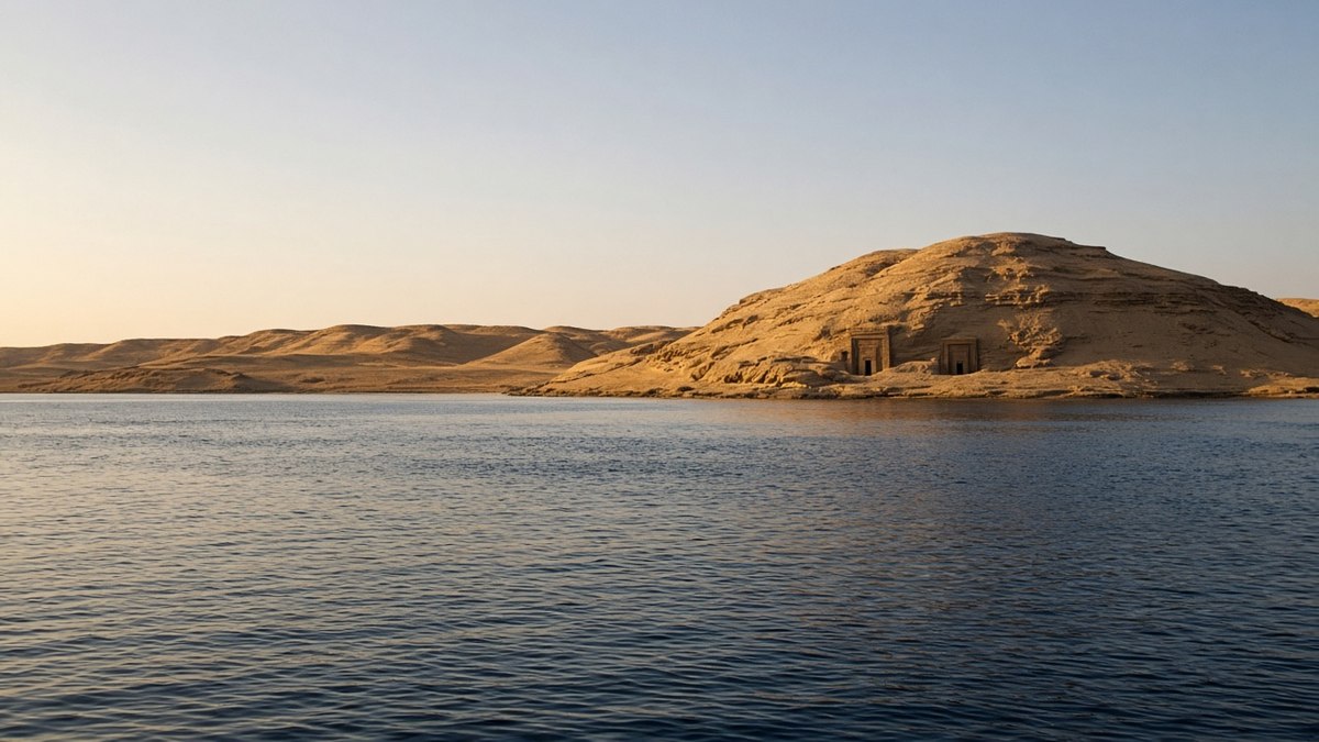 Abu Simbel Tapınakları: II. Ramses’in Kayaya Oyduğu Anıtlar ve Büyük Taşınma 2 Abu Simbel tapınaklarının taşındığı yapay tepe ve önündeki Nasır Gölü kıyısı, temsili görsel
