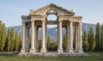Afrodisias antik kentinin simgesi Tetrapylon anıtsal kapısının mermer sütunları sabah ışığında, temsili görsel