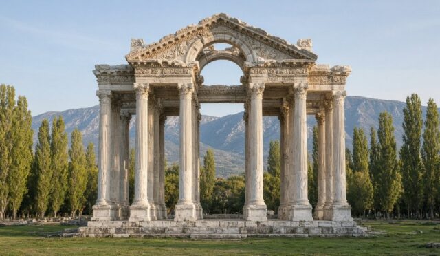 Afrodisias antik kentinin simgesi Tetrapylon anıtsal kapısının mermer sütunları sabah ışığında, temsili görsel