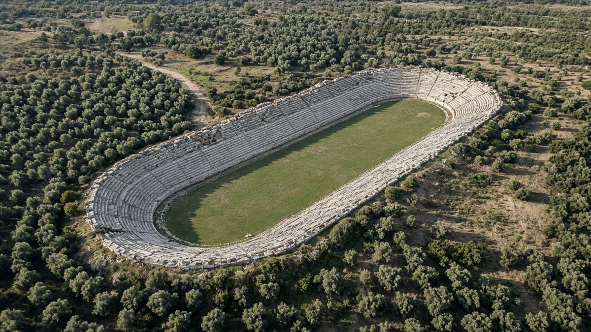 Afrodisias: Mermerin ve Heykeltıraşların Antik Kenti 2 Afrodisias stadyumunun iki ucu kavisli uzun oturma sıraları ve çimenle kaplı pisti yukarıdan görünüm, temsili görsel