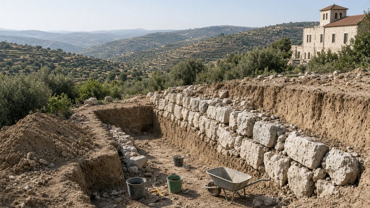 Ahit Sandığı anlatısıyla ilişkilendirilen Kiryat Yearim tepesinde iri taşlı Demir Çağı duvar kazısı, temsili görsel