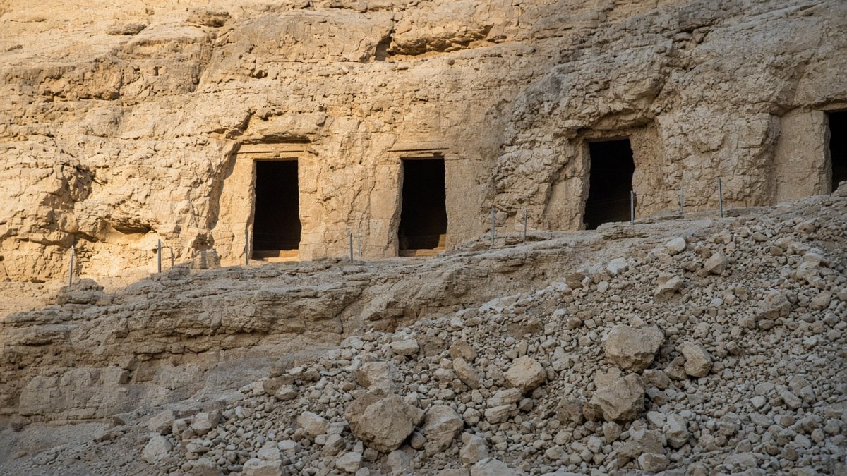 Akhenaton döneminde Amarna kayalıklarına oyulmuş saraylı mezarlarının girişleri, temsili görsel