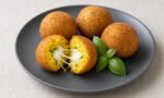 Krem keten örtü üzerinde koyu gri tabakta dört altın renkli arancini; öndekinin içinde safranlı sarı pirinç ve uzayan erimiş mozzarella, yanında fesleğen yaprakları