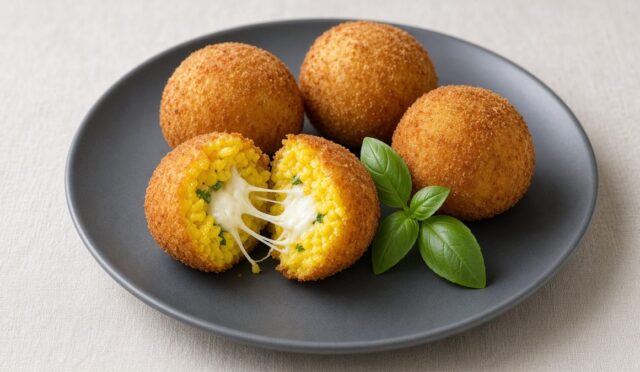 Krem keten örtü üzerinde koyu gri tabakta dört altın renkli arancini; öndekinin içinde safranlı sarı pirinç ve uzayan erimiş mozzarella, yanında fesleğen yaprakları