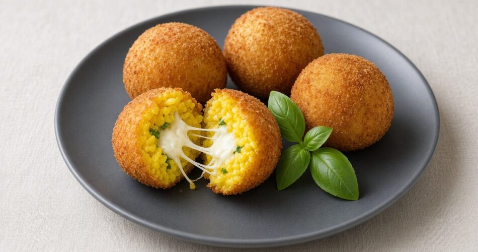 Krem keten örtü üzerinde koyu gri tabakta dört altın renkli arancini; öndekinin içinde safranlı sarı pirinç ve uzayan erimiş mozzarella, yanında fesleğen yaprakları