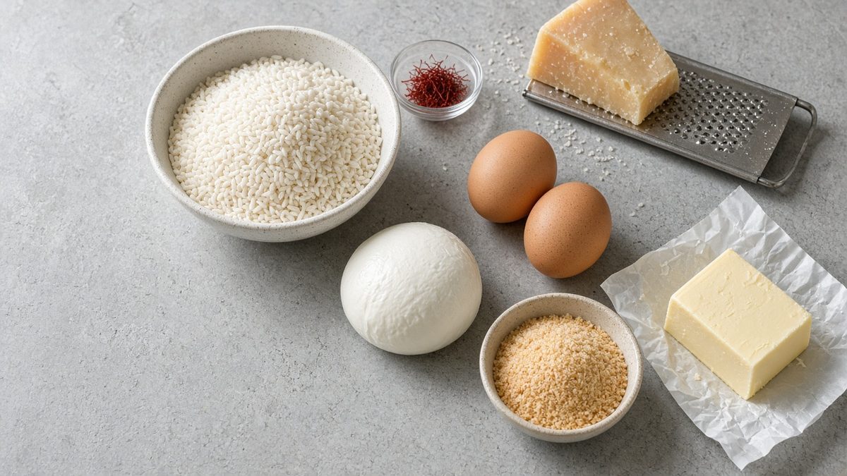 Arancini Tarifi: Mozzarellalı Sicilya Usulü Pirinç Topları 1 Açık gri beton tezgâhta kâsede arborio pirinci, cam kâsede safran, rende üzerinde parmesan kalıbı, top mozzarella, iki yumurta, galeta unu ve tereyağı