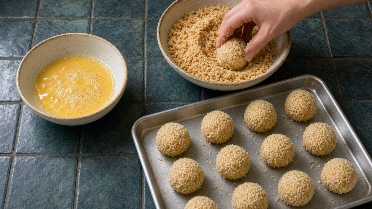 Arancini Tarifi: Mozzarellalı Sicilya Usulü Pirinç Topları 3 Arancini tarifi için yeşil-mavi fayans tezgâhta galeta ununa bulanan pirinç topu, yanında çırpılmış yumurta ve tepside panelenmiş toplar