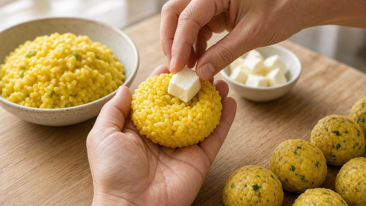 Arancini Tarifi: Mozzarellalı Sicilya Usulü Pirinç Topları 2 Meşe tahta üzerinde avuçta yassıltılmış safranlı pirinç diskinin ortasına küp mozzarella konuyor, arkada risotto kâsesi ve hazır pirinç topları