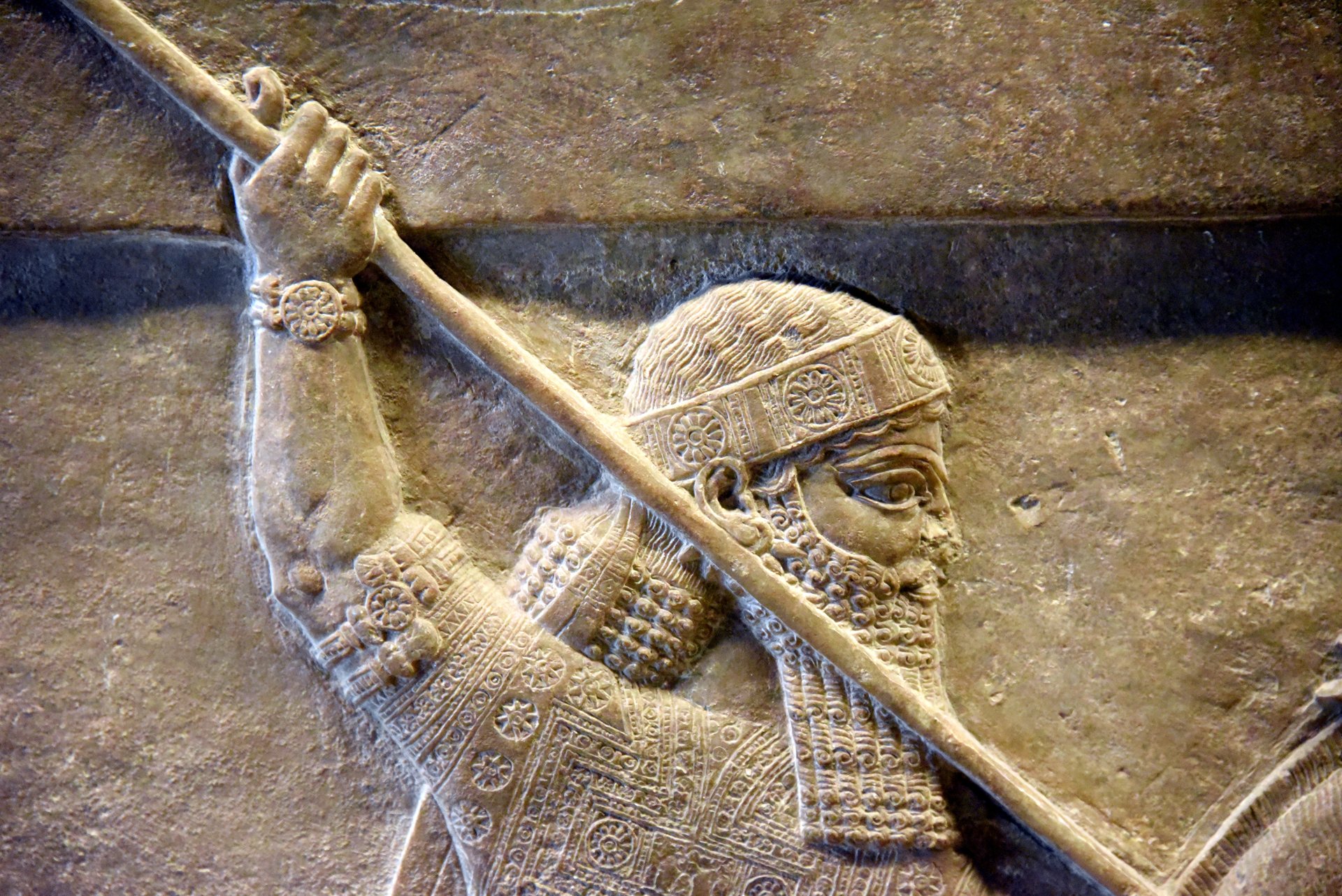Ninova'daki Asurbanipal sarayından kral Asurbanipal'i aslan avında gösteren taş kabartma