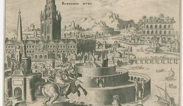 Babil Asma Bahçeleri’ni sağ arkada kemerli teraslar olarak gösteren 1572 tarihli Heemskerck gravürü
