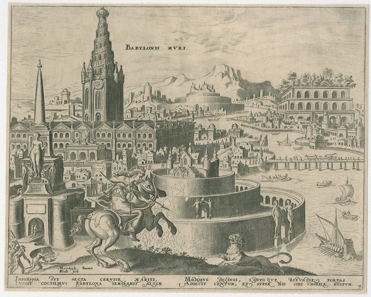 Babil Asma Bahçeleri Gerçekten Var mıydı? 1 Babil Asma Bahçeleri’ni sağ arkada kemerli teraslar olarak gösteren 1572 tarihli Heemskerck gravürü