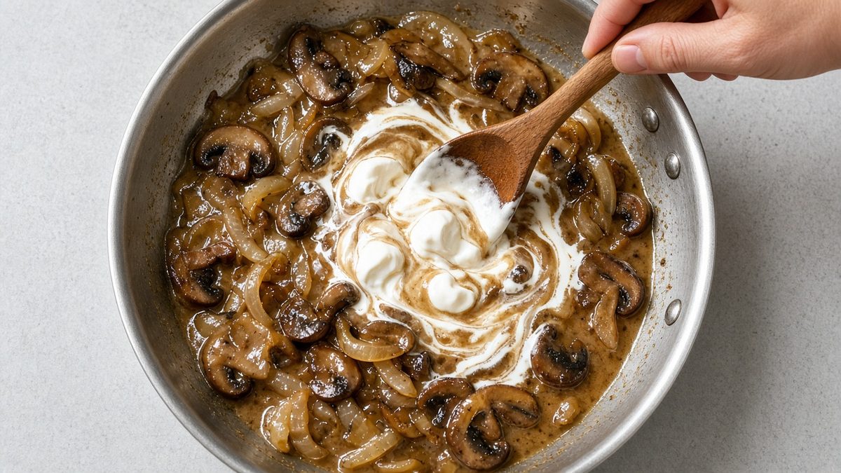 Beef stroganoff tarifi için çelik tavadaki mantarlı ve soğanlı sosa tahta kaşıkla ekşi krema karıştırılırken