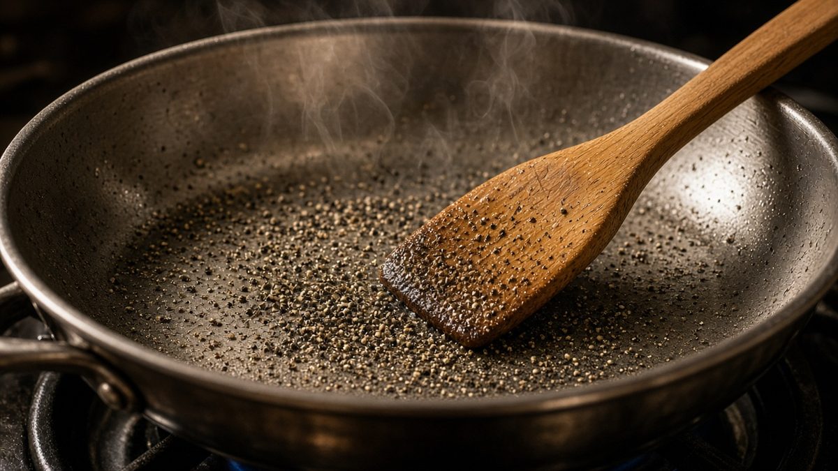 Boş çelik tavada tahta spatulayla kavrulan iri çekilmiş karabiber ve tavadan yükselen hafif duman