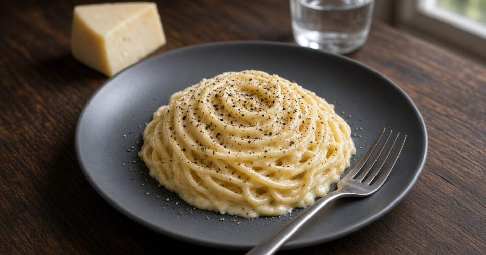 Koyu gri tabakta kremamsı pecorino sosuna bulanmış spagetti, üzerinde iri çekilmiş karabiber; yanında çatal, bir parça pecorino ve bir bardak su