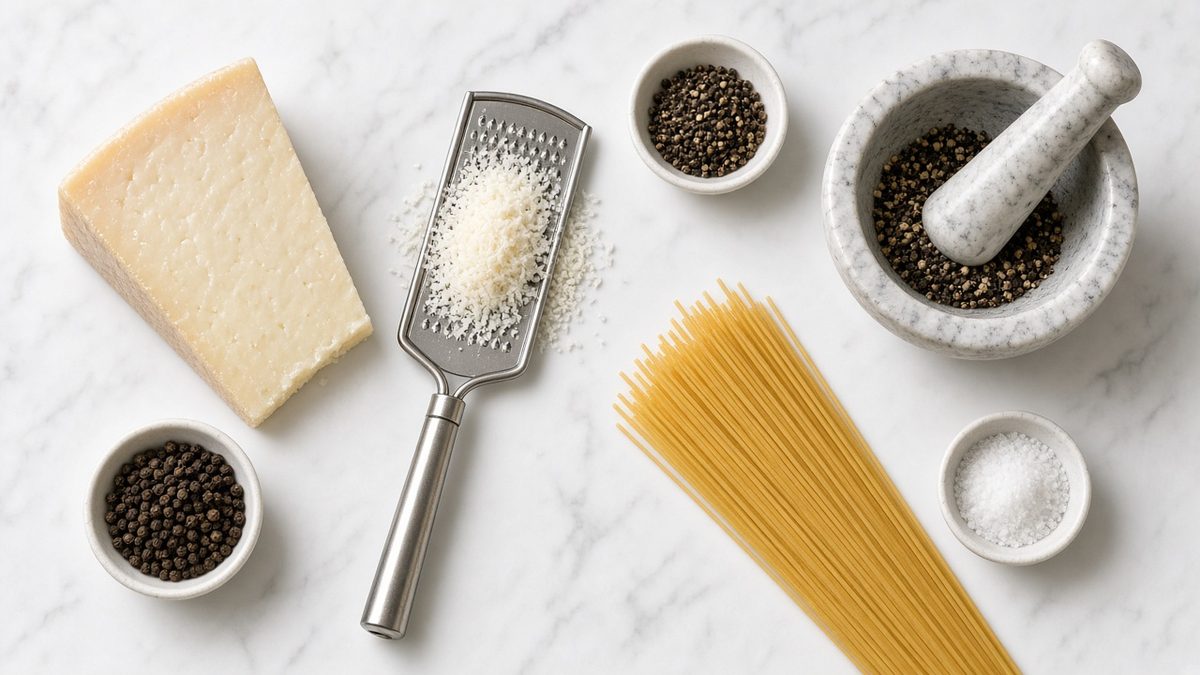Beyaz mermer tezgâhta kalıp pecorino romano, rendelenmiş peynirli rende, kâselerde tane karabiber, mermer havanda dövülmüş biber, kuru spagetti ve tuz