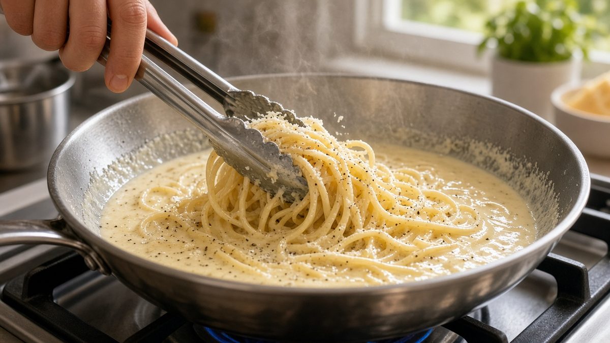Cacio e pepe tarifi için tavada maşayla çevrilen spagetti, rendelenmiş pecorino ve makarna suyuyla oluşan kremamsı sos