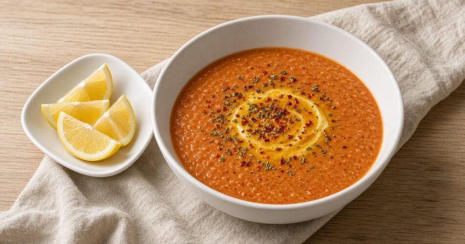 Ezogelin Çorbası servis kasesinde, iştah açıcı yakın çekim