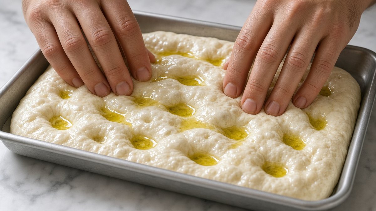 Focaccia Tarifi: Biberiyeli, Bol Zeytinyağlı Ligurya Usulü 2 Mermer tezgâhta yağlanmış metal tepside mayalanmış hamura iki elin parmak uçlarıyla çukurlar açılıyor, çukurlarda zeytinyağı birikmiş