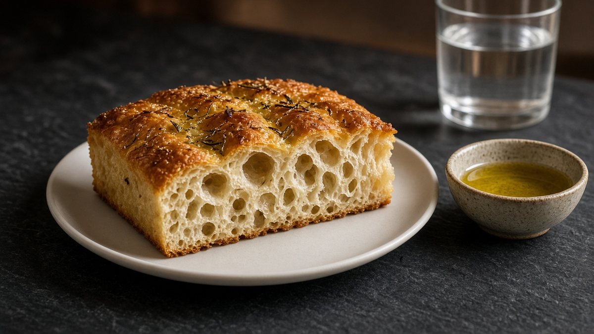 Focaccia Tarifi: Biberiyeli, Bol Zeytinyağlı Ligurya Usulü 3 Koyu arduvaz masada beyaz mat tabakta iri gözenekli iç yapısı görünen kalın focaccia dilimi, yanında küçük kâsede zeytinyağı, arkada bir bardak su