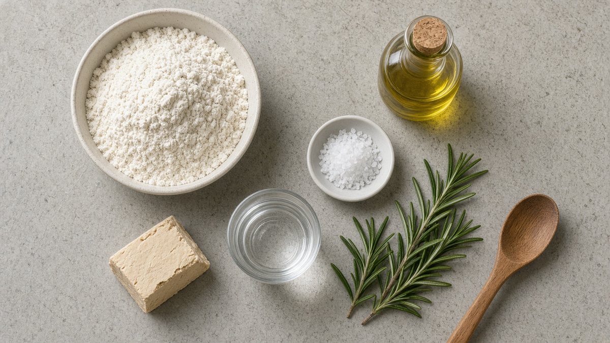 Focaccia Tarifi: Biberiyeli, Bol Zeytinyağlı Ligurya Usulü 1 Focaccia tarifi için gri beton tezgâhta kâsede un, mantar tıpalı şişede zeytinyağı, küçük kâsede iri tuz, yaş maya, bir bardak ılık su, taze biberiye dalları ve tahta kaşık