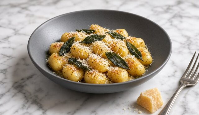 Gri, sade bir tabakta çıtır adaçayı yapraklı tereyağı soslu patates gnocchi, üzerinde rendelenmiş Parmigiano