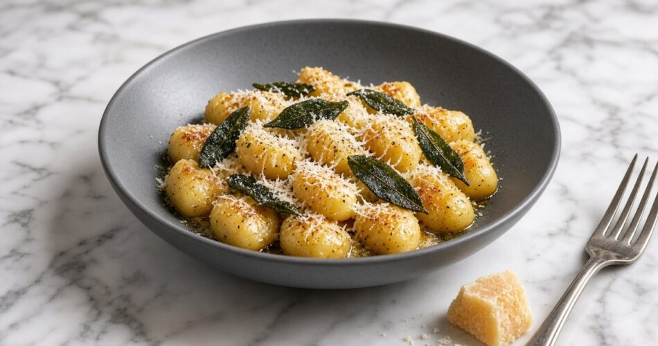 Gri, sade bir tabakta çıtır adaçayı yapraklı tereyağı soslu patates gnocchi, üzerinde rendelenmiş Parmigiano