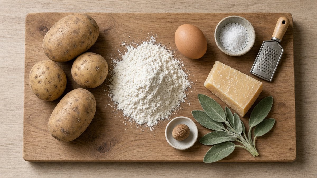 Ahşap tahtada gnocchi için kabuklu patatesler, un, yumurta, tuz, Parmigiano, bütün muskat, rende ve taze adaçayı