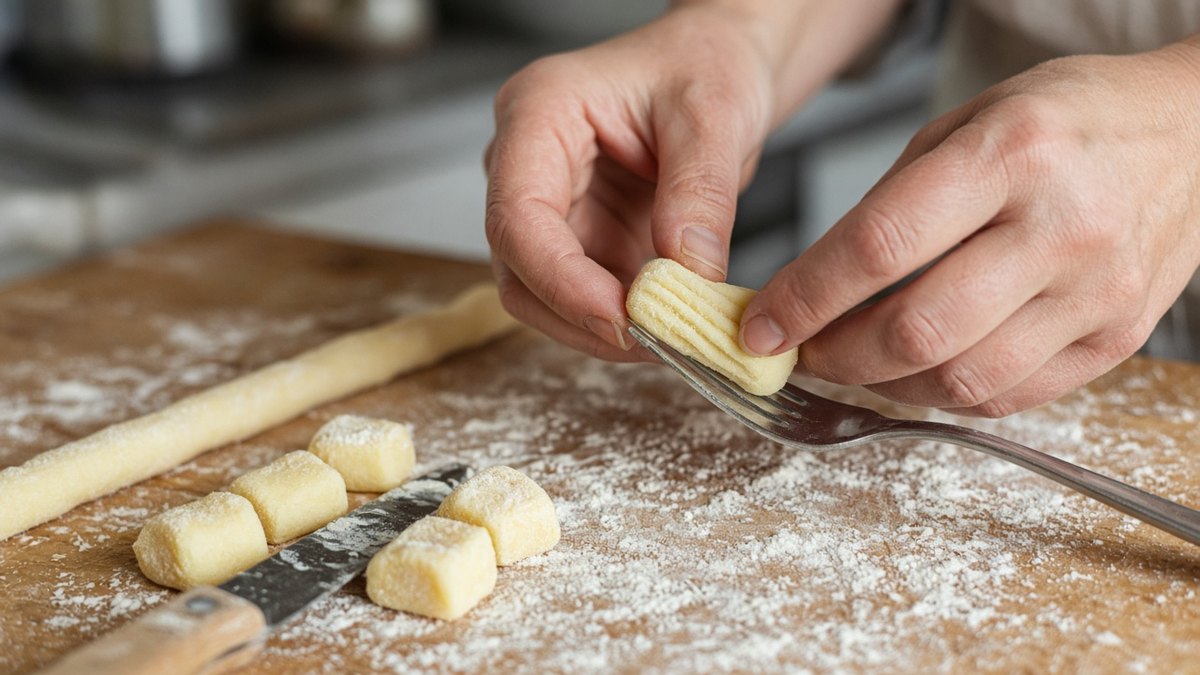 Gnocchi tarifi için unlu tahtada hamur şeridi bıçakla kesilmiş, parçalar çatalın dişleri üzerinde çizgilendiriliyor