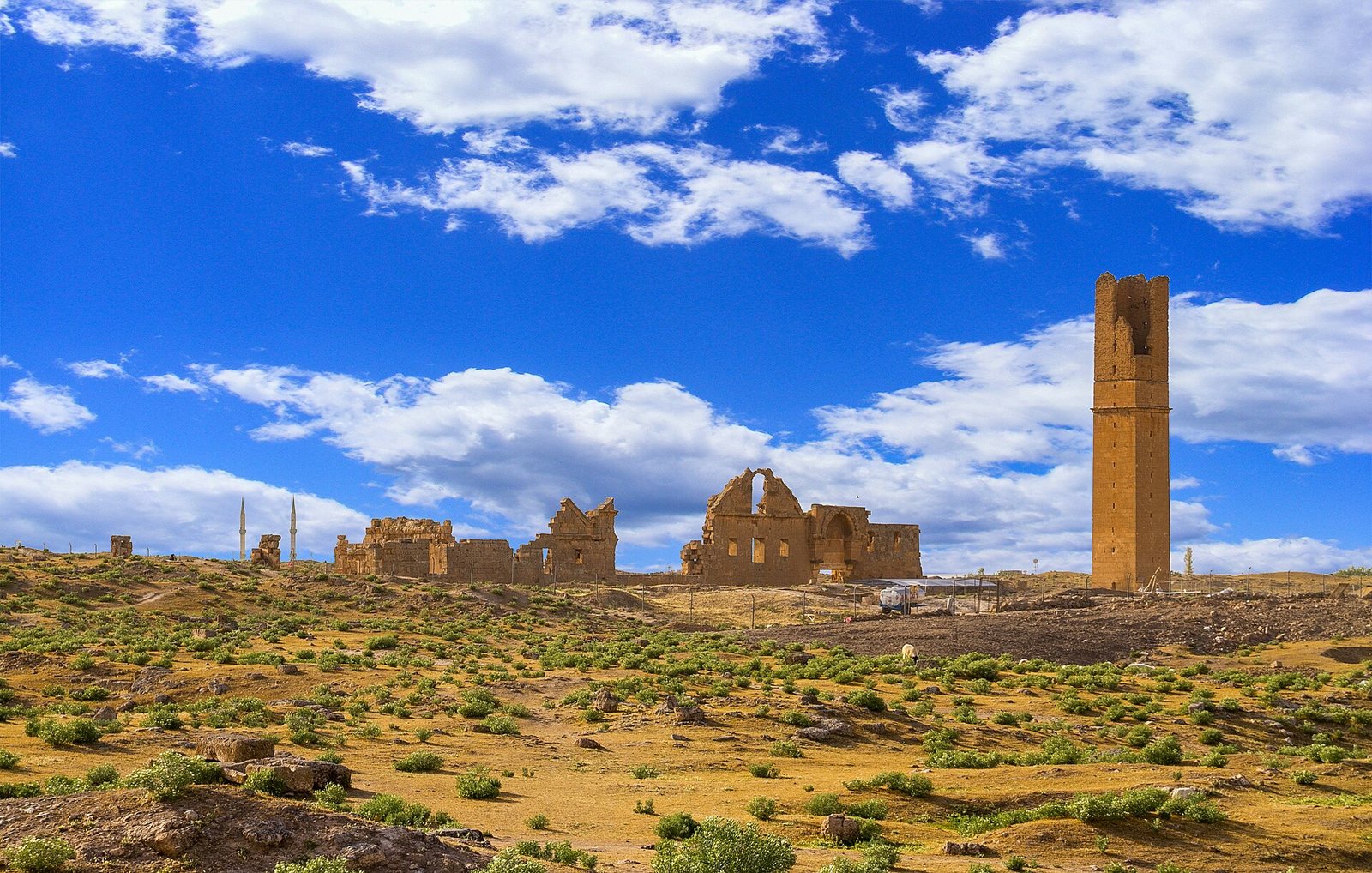Harran Ulu Camii’nin kare gövdeli minaresi ve kemer kalıntıları, önünde bozkırla kaplı ören yeri