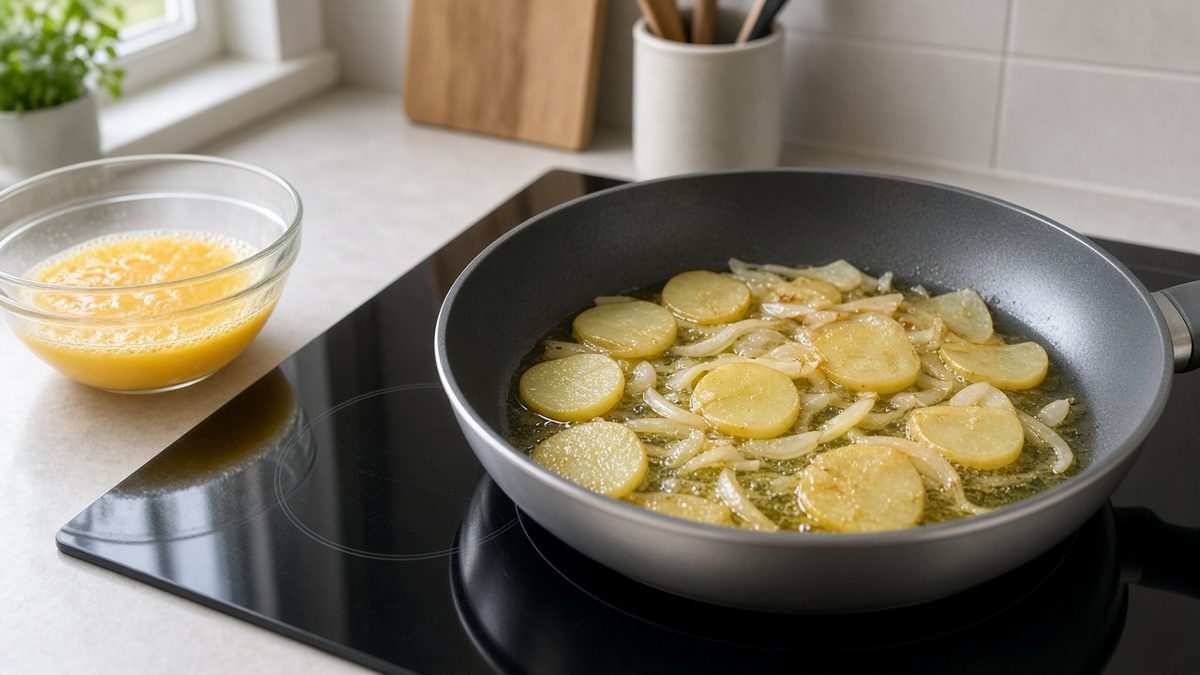 İspanyol Tortillası (Tortilla de Patatas) tencere veya tavada pişerken
