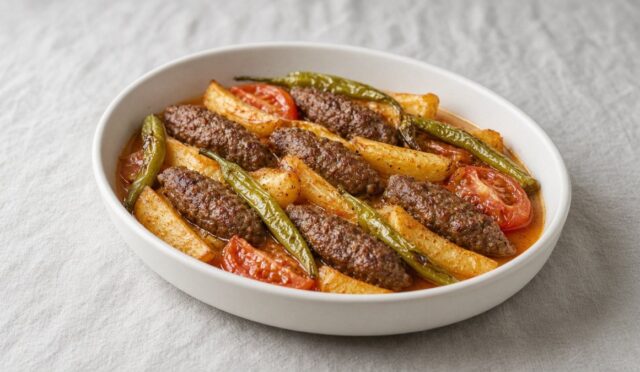 Fırında pişmiş İzmir köfte; köfteler, patates, sivri biber ve domates sosuyla seramik kapta