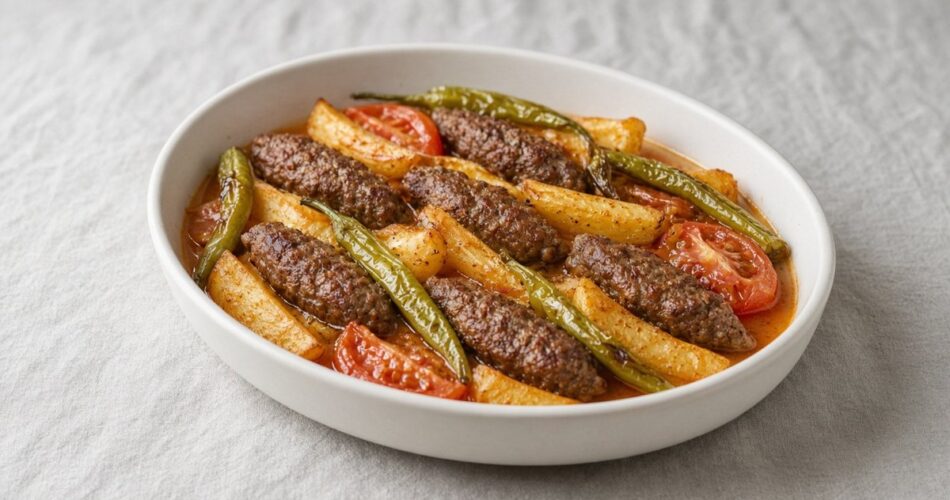 Fırında pişmiş İzmir köfte; köfteler, patates, sivri biber ve domates sosuyla seramik kapta