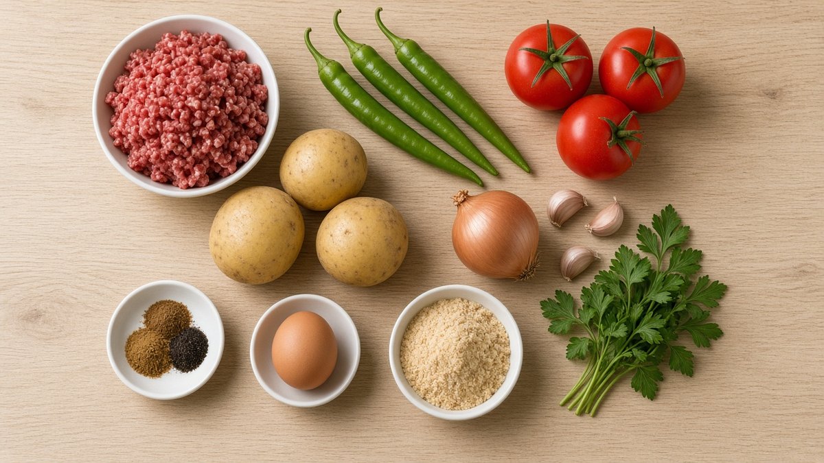 İzmir köfte için kıyma, patates, sivri biber, domates, soğan, sarımsak ve maydanoz