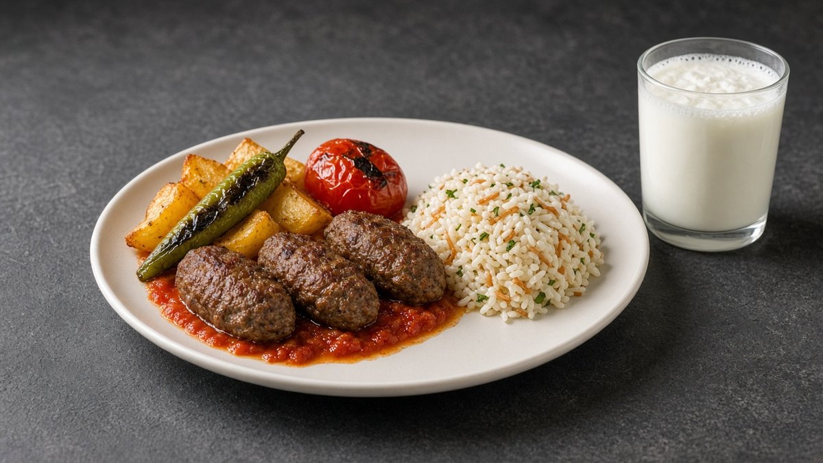 İzmir köfte tarifi ile hazırlanan köfte, pilav ve közlenmiş biberle beyaz tabakta servis
