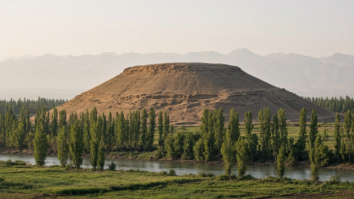Asi Nehri kıyısındaki ovada yükselen eski Kadeş kentinin höyüğü sabah ışığında, temsili görsel