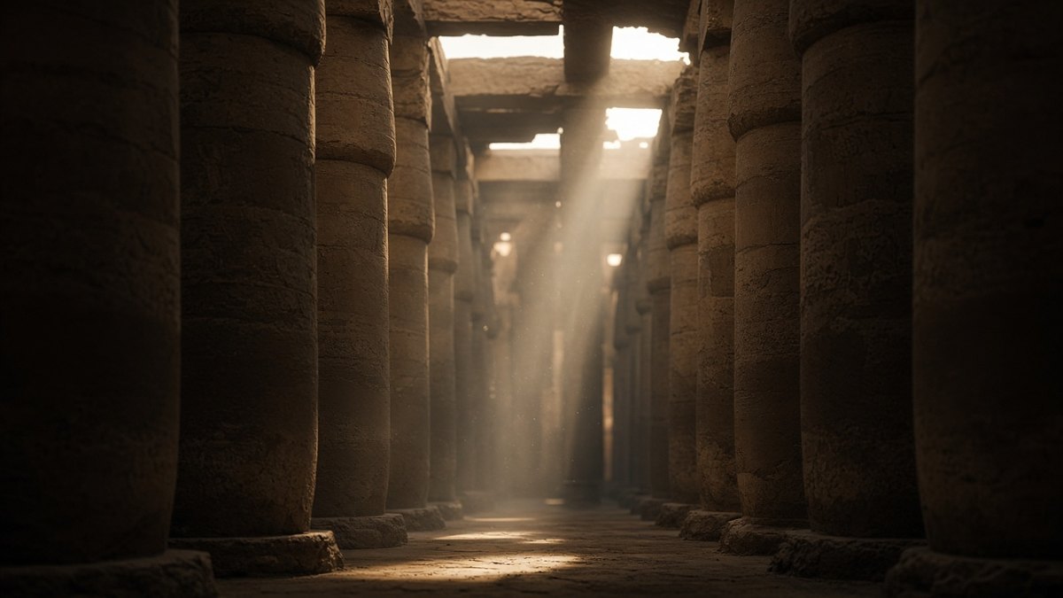 Karnak Tapınağı’nın büyük hipostil salonunda dev papirüs biçimli sütunlar arasından süzülen sabah ışığı, temsili görsel