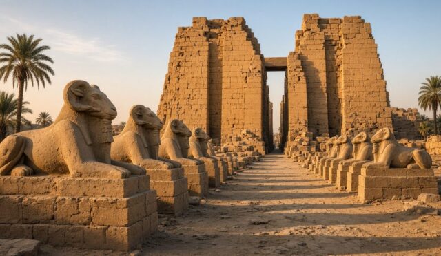 Karnak Tapınağı’nın girişinde koç başlı sfenks sırası ve arkasında yükselen büyük taş pilon, sabah ışığında temsili görsel