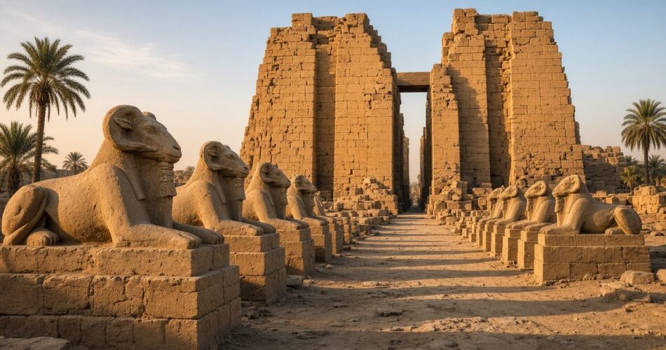Karnak Tapınağı’nın girişinde koç başlı sfenks sırası ve arkasında yükselen büyük taş pilon, sabah ışığında temsili görsel
