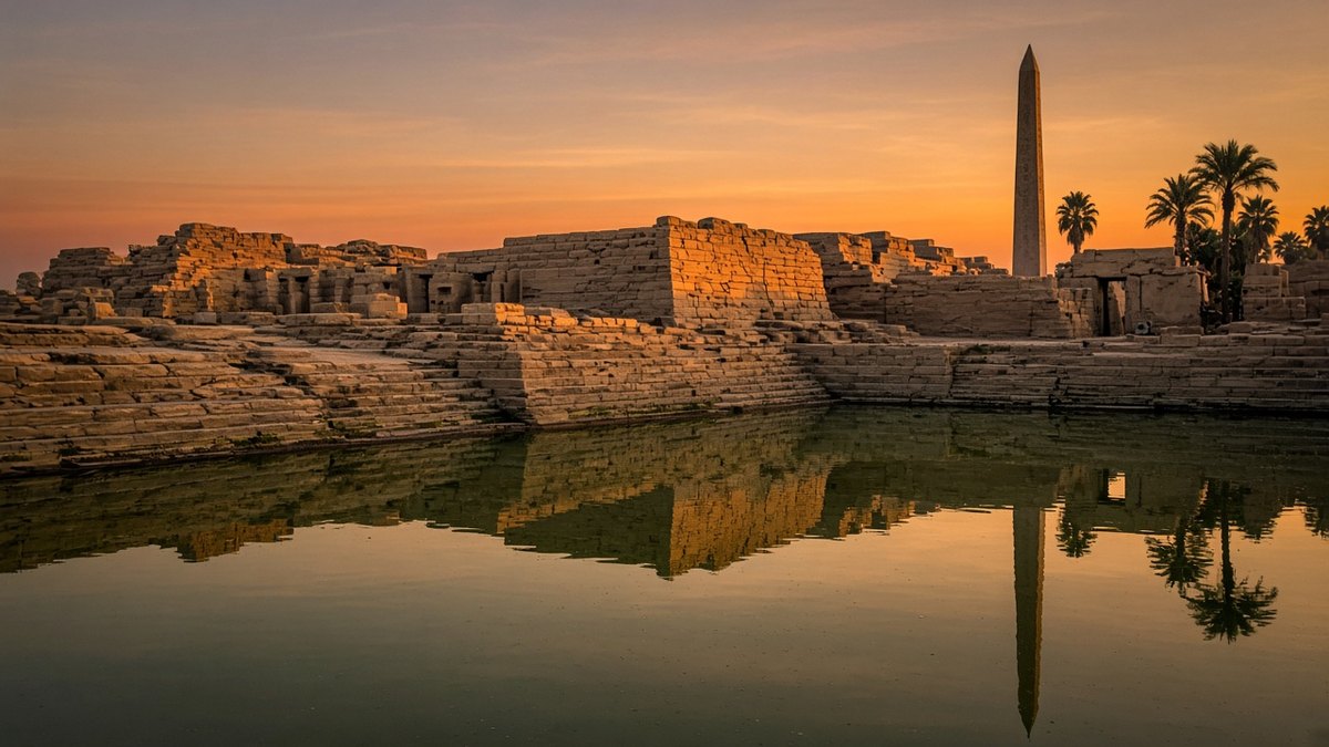Karnak Tapınağı’nın kutsal gölü ve arkasındaki taş kalıntılar gün batımında, temsili görsel