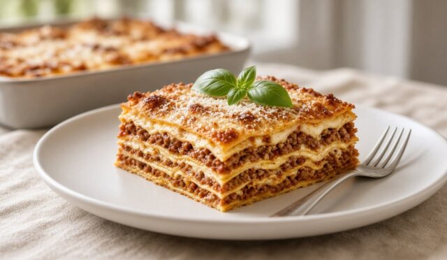 Katmanları görünen bir dilim lazanya, ragù sosu ve beşamelle modern beyaz tabakta