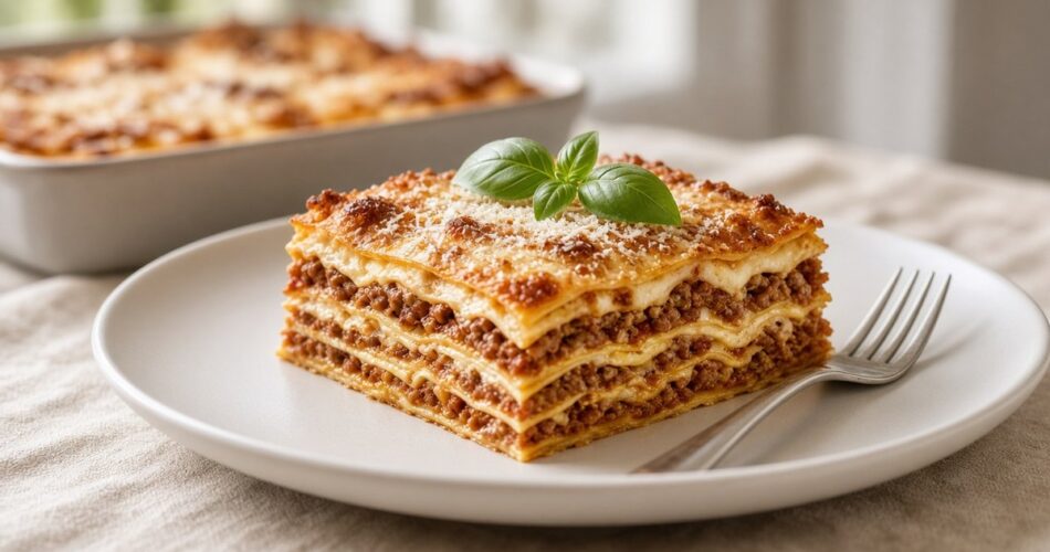 Katmanları görünen bir dilim lazanya, ragù sosu ve beşamelle modern beyaz tabakta