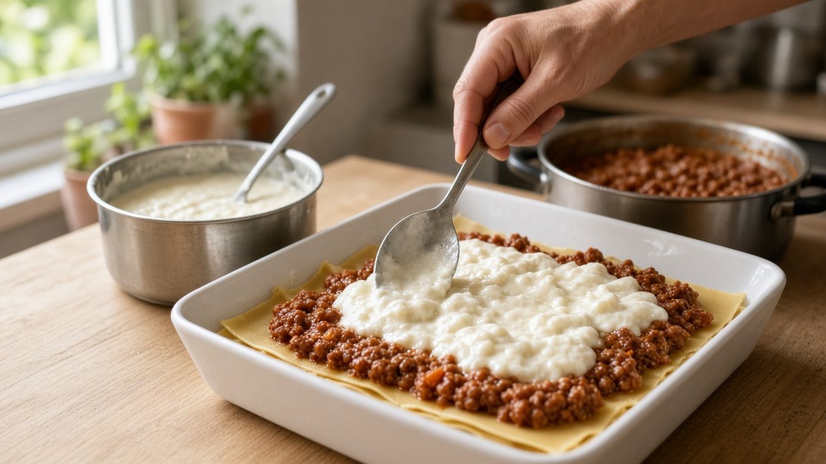 FÄ±rÄ±n kabÄ±nda lazanya yapraklarÄ±nÄ±n Ã¼zerine ragÃ¹ ve beÅŸamel katlanÄ±rken