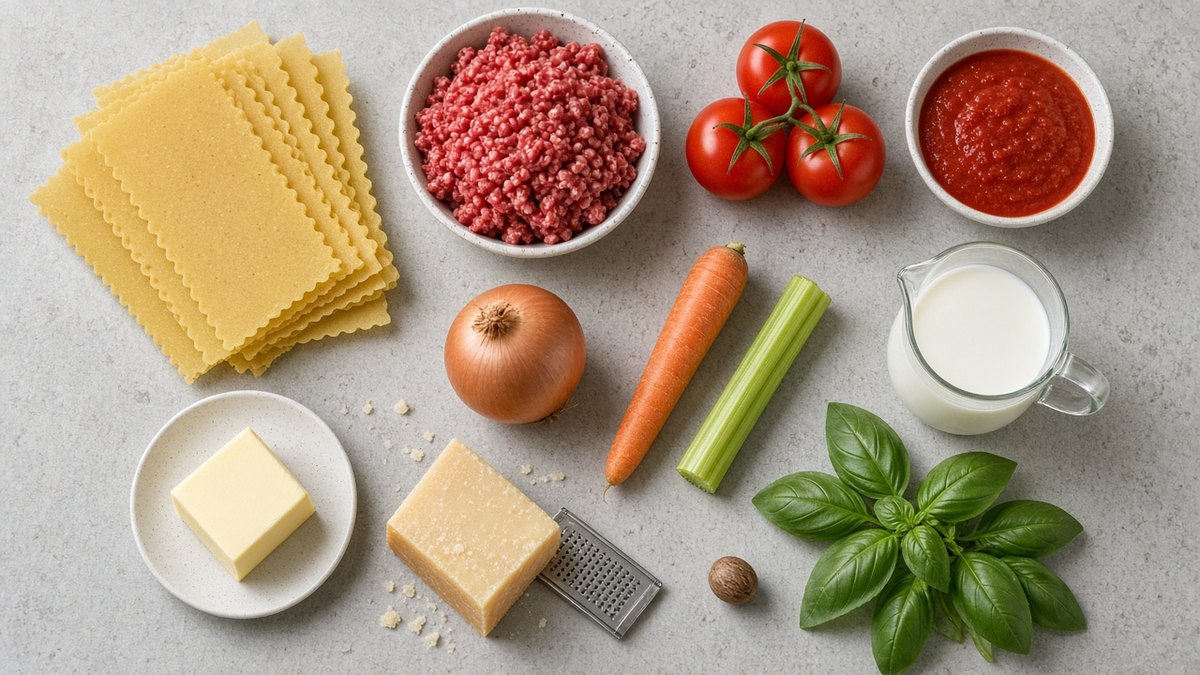 Lazanya iÃ§in kuru lazanya yapraklarÄ±, kÄ±yma, domates, soÄŸan, havuÃ§, sÃ¼t, tereyaÄŸÄ± ve Parmigiano