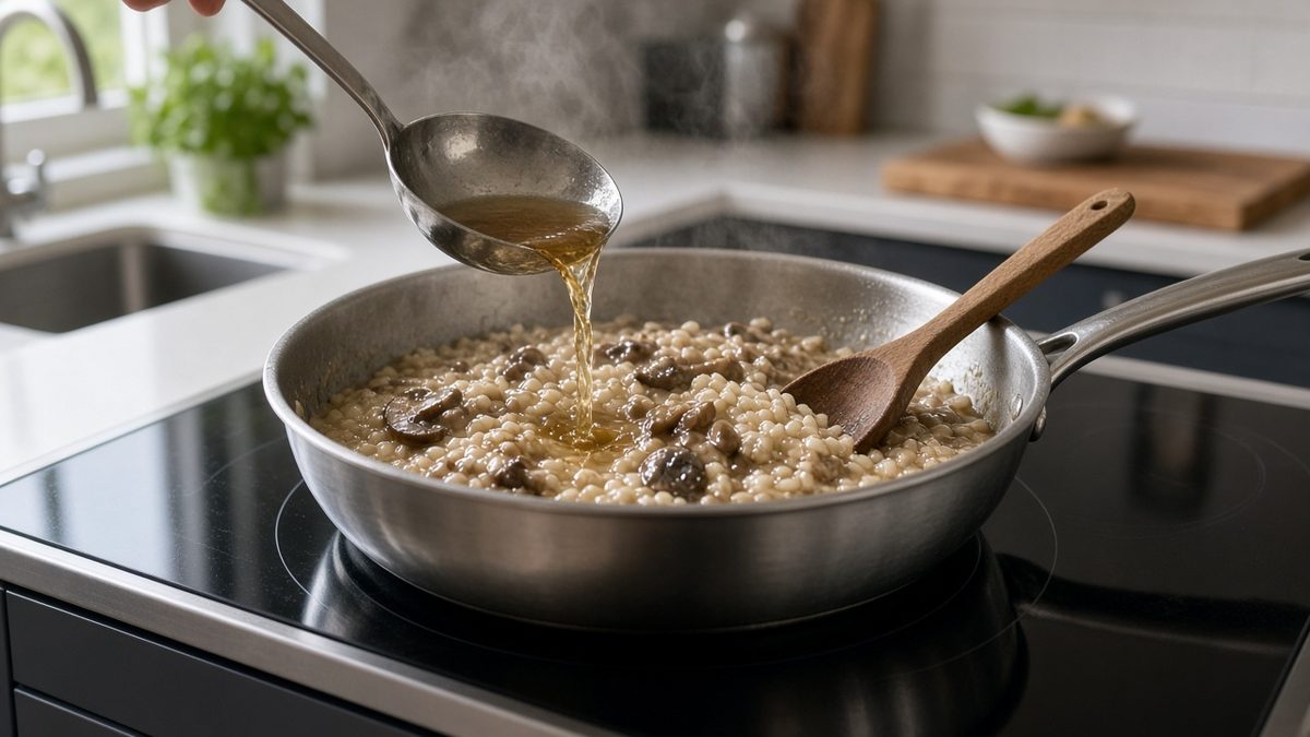 Mantarlı Risotto (Risotto ai Funghi) tencere veya tavada pişerken
