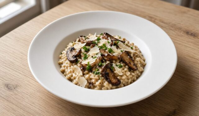 Mantarlı Risotto (Risotto ai Funghi) servis kasesinde, iştah açıcı yakın çekim