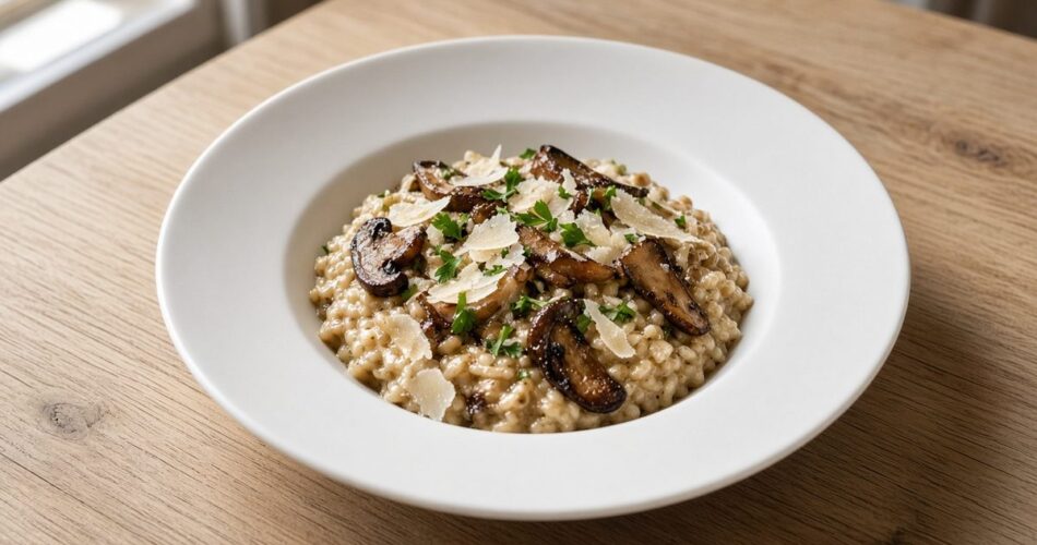Mantarlı Risotto (Risotto ai Funghi) servis kasesinde, iştah açıcı yakın çekim