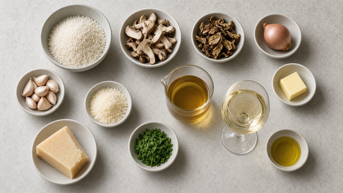 Mantarlı Risotto (Risotto ai Funghi) için hazırlanmış malzemeler tezgâhta